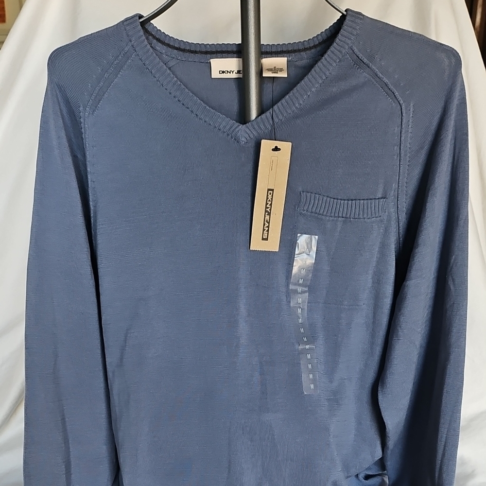 DKNY Light Blue V-Neck Knit Sweater with Chest Pocket